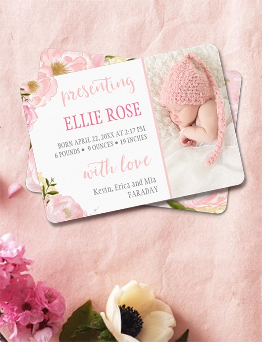 Watercolor Roses Pink Photo Birth Announcements